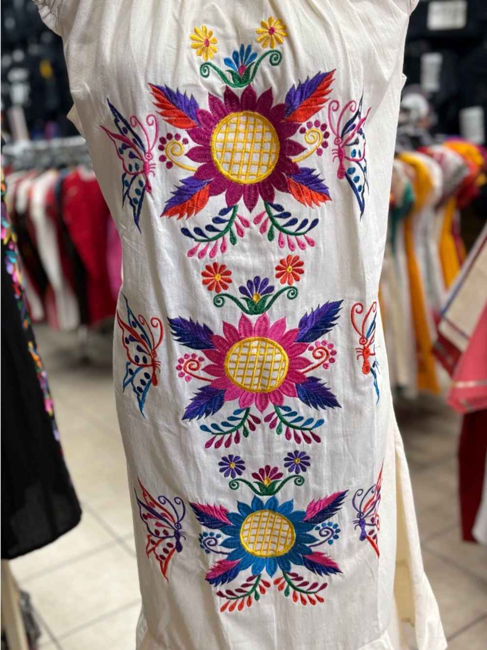 Embroidered White Mexican-Style Dress with Bright Floral Motifs